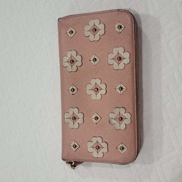 Prada Saffiano Leather Flower Pearl Long Zip Around Wallet - Picture 2 of 10